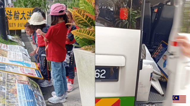 A sinistra: bambini a Kuala Lumpur leggono i manifesti del Falun Gong il 14 agosto. A destra: screenshot del video del 15 agosto che mostra un gruppo che sostiene di avere legami con una “stazione di polizia cinese” che sequestra questi manifesti e striscioni, li carica su un furgone e se ne va.